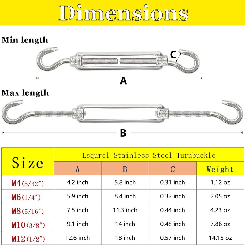 Lsqurel Turnbuckle 10pcs 304 Stainless Steel Turnbuckle Hook and Hook