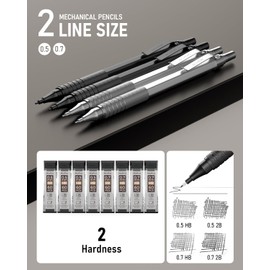 Nicpro 4 Pack Metal Mechanical Pencil Set 0.5 mm & 0.7mm with Case, Artist Pencil MP1000 with 8 Tubes HB & 2B Lead Refill, 3 Eraser, 9 Eraser Refill For Art Writing Drafting Drawing,Black & Silver
