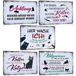 Set of 5 Cat Retro Tin Sign Sayings 20 x 30 cm - Vintage Cat Rules Sign with Funny Saying - Achtung Cat - Hier WACHE ICH - Metal Sign Poster Gift for Cat Lovers