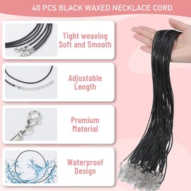 FENGCHUANG 40 Pcs Waxed Necklace Cord with Clasp, Necklace Cord, Leather Necklace Cord with Lobster Clasp and Chain for Jewelry Making Diy, Pendants Necklace Black (45-50CM)
