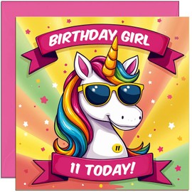 11th Birthday Cards for Girls - Cool Unicorn Kids Girls Birthday Card for 11 Year old Kids eleven, eleventh