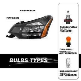 SOCKIR Headlight Assembly Fit for 2008-2011 Ford Focus Headlamp Replacement w/Bulbs Driver & Passenger Side (Black Housing with Amber Reflector)
