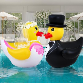 Hungdao 2 Pcs 4 ft Wedding Duck Floatie Inflatable Pool Floats Large Bride Groom Rubber Duck for Wedding Bridal Bachelorette Party Decoration Engagement Gifts (Not Include Wreath and Air Pump)
