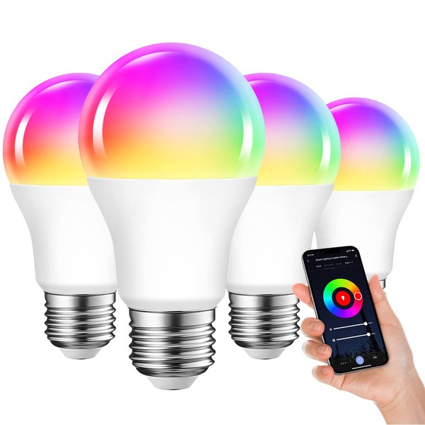 E26 Smart Bulb, LED Bulb, 4-Pack, 60W Equivalent, Dimmable Color, 810lm, Wi-Fi, Remote Control, Alexa Compatible, Google Home Compatible, RGBCW Multicolor, App Control, Light Bulb Color, Daylight, Daylight, Timer, Energy Saving, 16 Million Colors, Wide L
