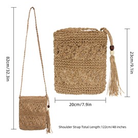 Bototack Straw Bag for Women, Small Summer Beach Crossbody Bag with Tassel, Bohemian Handmade Shoulder Purse with Zipper for Holiday Beach Travel (Khaki)