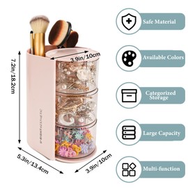 WCHOSOZH 3-Tier Clear Hair Accessories Organizer with Hair Brushes Holder, Rotatable Drawer Makeup Sponge Holder Desktop Organizer Case for Makeup Brush Lipsticks Q-tip Cotton Swab Stationery (Pink)