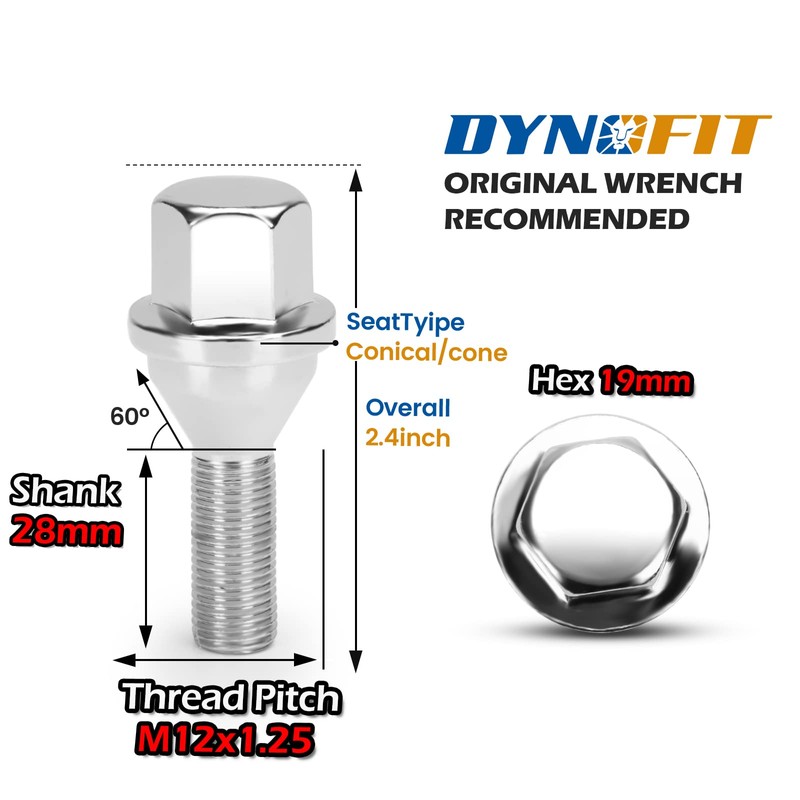 dynofit 12x1.25 OEM/Stock Wheel Lug Bolts, 20pcs ET 28mm Shank