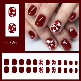 Love Heart Press on Nails Short Square Valentines Day Fake Nails with Glue Cherry Red Love Heart Design Burgundy False Nails Valentine Glue on Nails Artificial Stick on Nails for Women Girls 24Pcs