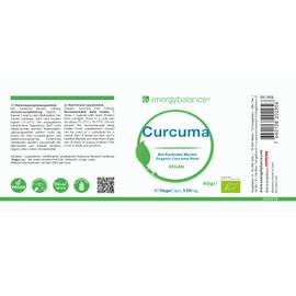 EnergyBalance Curcuma Longa Organic Natural - Turmeric Capsules - Certified Organic Cultivation, Vegan, No Additives - 90 VegeCaps of 530 mg