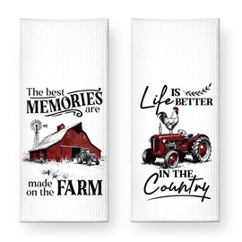 ZBBFSCSB The Best Memories are Made On The Farm Kitchen Towels 2 Pack, Barn Farmhouse Vintage Rustic Rooster Dishcloths for Kitchen Home Decor, Ideal Housewarming Towels Gifts for Hostess Farm Owners