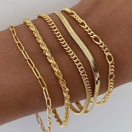 5Pcs Gold Bracelets for Women,Thin Dainty Stackable Cuban Link Paperclip Chain Bracelet Adjustable Layered Punk Bracelets Pack Minimalist Simple Fashion Bracelets Waterproof Jewelry Gifts for Women Girls