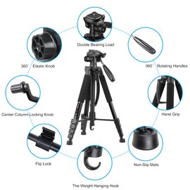 74’’ Camera Tripod,Heavy Duty Camera Stand Tripod,Cell Phone Tripod with Phone Holder, Professional Travel DSLR Tripods Compatible with DSLR Cameras,Cell Phones,Projector,Webcam(Black)