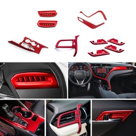 Xotic Tech Set Glossy Red Console Stripe Passenger Dash Side Left AC Vent Handle Bowl Gear Panel w/Heater Buttons Accessories Cover Trim Combo Kit, Compatible with Toyota Camry XLE XSE Hybrid 2018-up