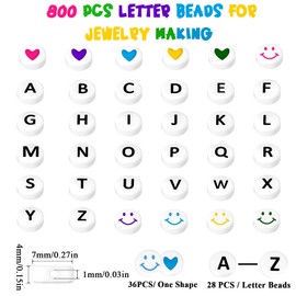 Letter Beads, 800 PCS Acrylic Round Letter Beads A-Z 7mm Alphabet Letter Beads Kit Smiley Face Heart Beads for Necklaces Jewelry Friendship Bracelets Making DIY Handcrafts Girls Adults Gift