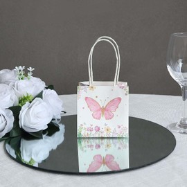 Efavormart 12 Pack Pink Glitter Butterfly Paper Gift Bags with Handles, Floral Print White Party Favor Goodie Bags - 4"x4"