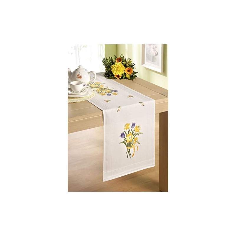 DECO-LINE Daffodils 40X100CM Printed Table Runner Embroidery KIT, White