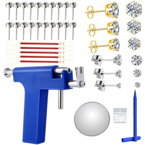 Reusable Ear Piercing Kit, Professional Salon Peircings Gun Tools With Silver Earrings Set For Home Self Body Nose Lip Earrings Piercing Kit with 18 Pairs Stud Earrings (Blue)