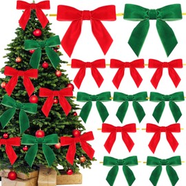 12 Pcs Velvet Christmas Twist Tie Bows 6"Pre Tied Ornament Bows for Treat Bags Xmas Package Gift Wrapping Craft Basket Decoration(Red Green)