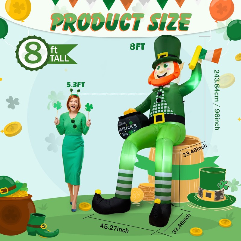 OurWarm 8FT St. Patrick's Day Inflatable Decorations Outdoor, Sitting Leprechaun