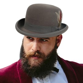 HISSHE Men's Wool Fedora Hats Women Felt Bowler Derby Hat with Feather (Grey,M)