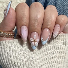 24Pcs Blue French Tip Press on Nails Almond Medium Fake Nails 3D Flower False Nail with Designs Full Cover Spring Summer Acrylic Nails Embossed Flower Nails for Women DIY Manicure Decoration