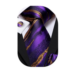 Dubulle Mens Floral Silk Tie for Men Gold Purple Striped Necktie and Pocket Square Cufflinks Set Wedding Business