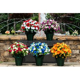 Sympathy Silks Artificial Flowers Weighted Pot Bouquet Decoration - Height 18"-20" - Fade Resistant - Home Decor, Office, or Memorial - 4 Pack of Blue and White Mum Pots