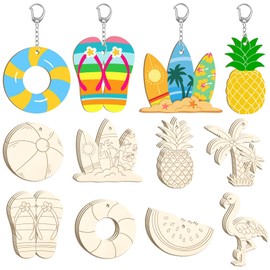 24 PCS Wooden Summer Ornaments to Paint,8 Styles DIY Blank Unfinished Wood Beach Cutouts Keychains Color Your Own Beach Fruit Keychains Ornament for Crafts Hanging Decorations