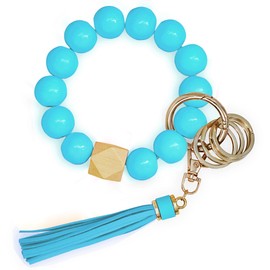 BuitBoll Wristlet Keychain with 4 Key Rings Wooden Beaded Bracelet Key Chain Bangle Key Holder with Leather Tassel (Azure Blue)