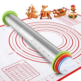 Rodillo de acero inoxidable y juego de tapetes de silicona Vinoil, anillos de grosor ajustables - Para hornear masa, pizza, pasteles, pastas, galletas