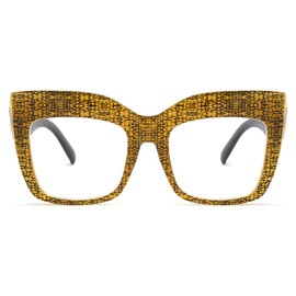 FEISEDY Women's Square Oversized Blue Light Filtering Reading Glasses B2627 (Yellow Grid, 3.00)