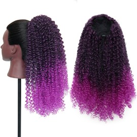 GOTEFERBE Kinky Curly Drawstring Ponytail Synthetic Hair Clip In Extension for Women Vibrant Colored Curly Ponytail No Damage Hairpiece 1B/Purple 18 Inch