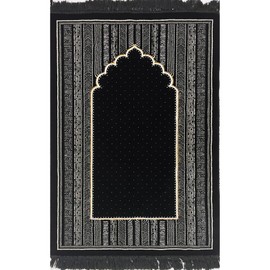 Modefa Islamic Prayer Rug - Double Plush Large & Wide Velvet Carpet - Traditional Muslim Janamaz - Thick Turkish Prayer Mat for Men & Women- Ramadan or Eid Gift - Tribal (Mihrab Black)
