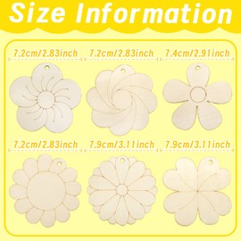 Cinvo 30 Pieces Flowers Wood Cutouts Floral Wooden Slices 3 inch Unfinished Blank Wood Ornaments Flower Embellishments for Painting DIY Projects Decoration(6 Flower Styles with 30 Hanging Strings)