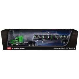 DCP/First Gear 1/64 Diecast Model Peterbilt 389 48\" Mid-Roof Sleeper Polar Deep Drop Trailer Green Silver for Diecast Toys