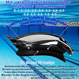 HSTWODE - Optical Swimming Goggles with Prescription One-Piece Swimming Goggles with Earplugs, Dioptres: -1.5 to -8.0, Anti-Fog UV Protection, Interchangeable Nose Pads. (Black |-6.5)