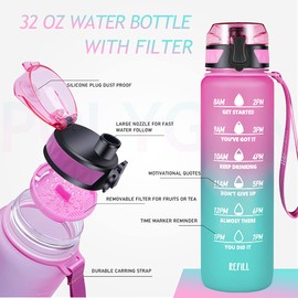 Polygon 32oz Motivational Water Bottle with Time Marker & Removable Strainer to Remind You Drink More Water, Fast Flow, Leakproof BPA Free Sport Water Bottle for Fitness and Outdoor(Light Pink/Green)