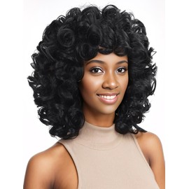 Retoleca Short Curly Wigs for Black Women Afro Big Curly Wig with Bangs Black Soft Bouncy Fluffy Heat Resistant Synthetic Wig for Daily Party Use (Natural Black,14Inch)