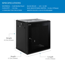 RackPath 12U Wall Mount Server Cabinet Network Rack Enclosure, Quiet Cooling Fan, Perforated Door, Black