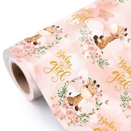 WRAPAHOLIC Baby Girl Wrapping Paper Roll - Mini Roll - 17 Inch x 9.8 Feet - Cute Giraffe and Baby Girl Lettering Design, Perfect for Baby Shower, Party, Holiday