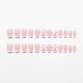 Short Press on Nails Square Fake Nails White French Tip False Nails Pink Acrylic Nails Press ons with Bow Pearl Charms Design Glue on Nails Glossy Full Cover Stick on Nails for Women Manicure 24Pcs