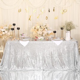 Eternal Beauty Sequin Tablecloth Silver 127x183cm Glitter Table Cloth Party Sparkle Tablecloth Christmas Table Cloth Table Decoration for Party Birthday Wedding Christmas New Year