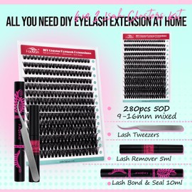 FADVAN Eyelash Extension Kit 280pcs Lash Clusters D Curly 9-16mm Mix 50D Individual Lashes with Lash Bond and Seal and Remover Lash Applicator for DIY Lash Extension Beginners(50D, 0.07D, 9-16mm)