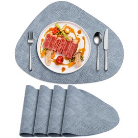 ADRIMER Heat Resistant Leather Placemats for Dining Table Set of 4, Waterproof Table Mats, Wipeable Oval Place Mats Set of 4 for Kitchen, Dining Room, Party, Light Blue