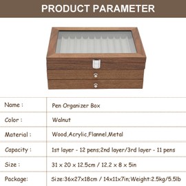 3 Layer Wood Pen Display Box 34 Pen Organizer Box,Pen Display Case Storage and Fountain Pen Collector Organizer Box with Glass Window Thanksgiving Christmas Gift(Walnut)