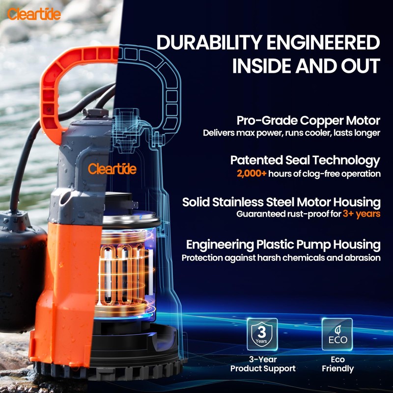 Cleartide Submersible Sump Pump with Tethered Float Switch, 1/2 HP