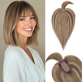 Benehair Human Hair Toppers for Women, Real Human Hair Topper with Fringe, Natural Clip in Hair Topper with Bangs, Hair Toppers for Thinning, 10 Inches Medium Brown Mixed Dark Blonde Hair #4P27