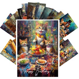 PIXILUV Vintage Postcards (24 pcs 4"x6" each) Funny Paintings of Adorable Pets at Dinner Vintage Happy Birthday Postcards Retro Greeting Card Book Illustration Reprint
