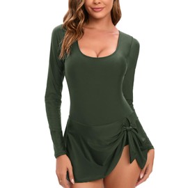 NESY Long Sleeve Swimsuits for Women Rash Guard Scoop Neck One Piece Bathing Suit Swim Dress Woman Swimwear Swimdress UPF 50+