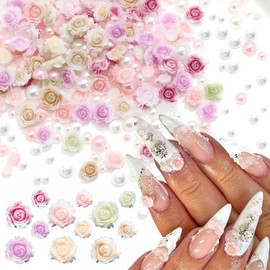 RODAKY 300Pcs Flor Encantos de Uñas Resina 3D Rosa Flor Encantos de Color Mezclado Gradiente Floral Encantos de Uñas Perlas Blancas Perlas Flatback Rosa Nail Pearl Rhinestones Decoración de Uñas Acces